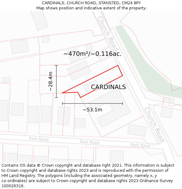 CARDINALS, CHURCH ROAD, STANSTED, CM24 8PY: Plot and title map