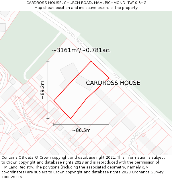 CARDROSS HOUSE, CHURCH ROAD, HAM, RICHMOND, TW10 5HG: Plot and title map