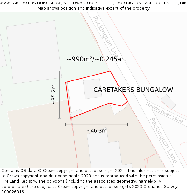 CARETAKERS BUNGALOW, ST. EDWARD RC SCHOOL, PACKINGTON LANE, COLESHILL, BIRMINGHAM, B46 3JE: Plot and title map