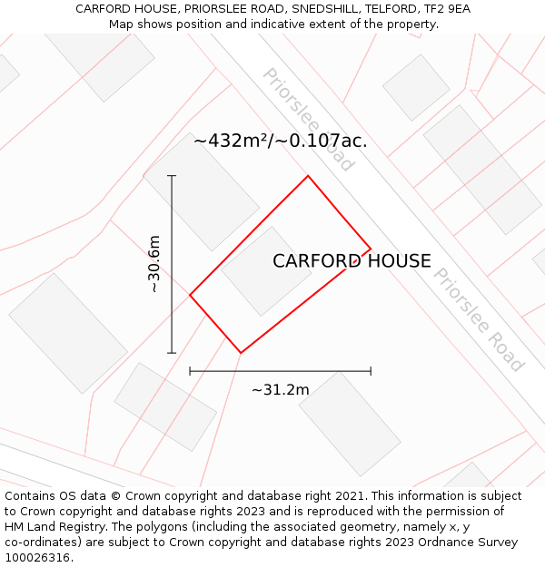 CARFORD HOUSE, PRIORSLEE ROAD, SNEDSHILL, TELFORD, TF2 9EA: Plot and title map