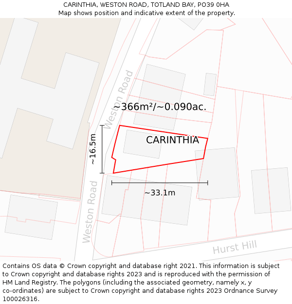 CARINTHIA, WESTON ROAD, TOTLAND BAY, PO39 0HA: Plot and title map