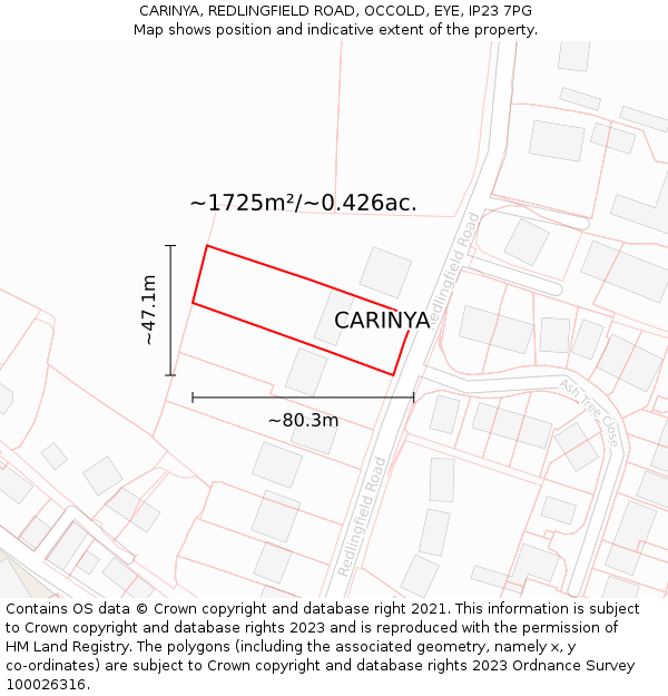 CARINYA, REDLINGFIELD ROAD, OCCOLD, EYE, IP23 7PG: Plot and title map