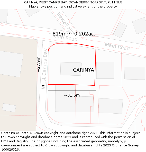 CARINYA, WEST CAMPS BAY, DOWNDERRY, TORPOINT, PL11 3LG: Plot and title map