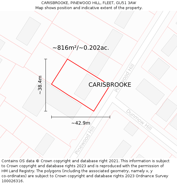 CARISBROOKE, PINEWOOD HILL, FLEET, GU51 3AW: Plot and title map