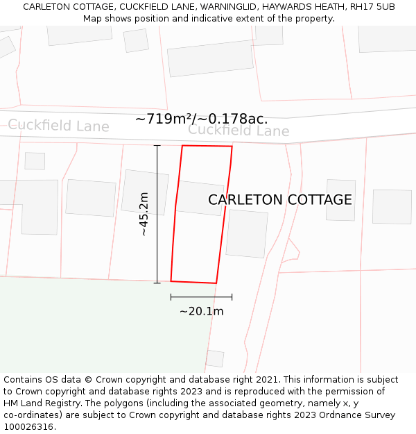 CARLETON COTTAGE, CUCKFIELD LANE, WARNINGLID, HAYWARDS HEATH, RH17 5UB: Plot and title map