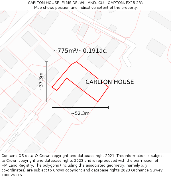 CARLTON HOUSE, ELMSIDE, WILLAND, CULLOMPTON, EX15 2RN: Plot and title map