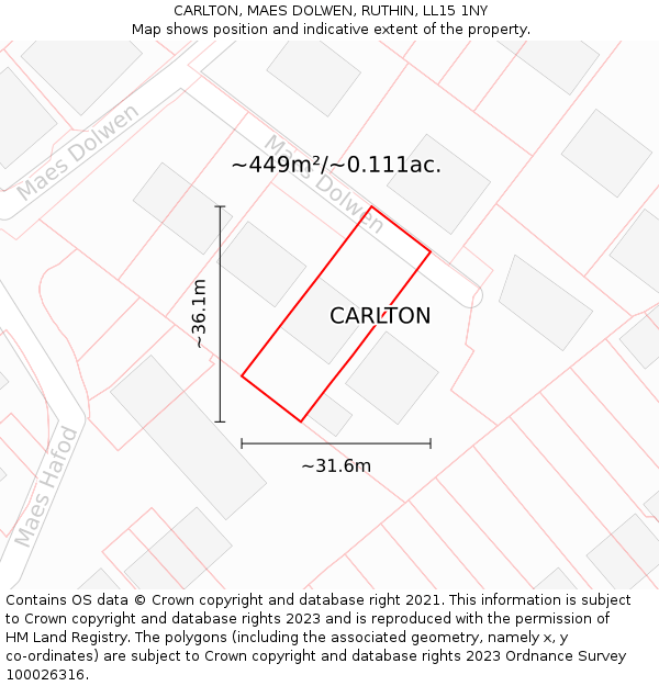 CARLTON, MAES DOLWEN, RUTHIN, LL15 1NY: Plot and title map