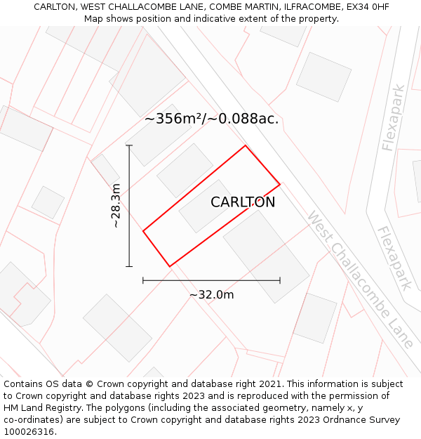 CARLTON, WEST CHALLACOMBE LANE, COMBE MARTIN, ILFRACOMBE, EX34 0HF: Plot and title map