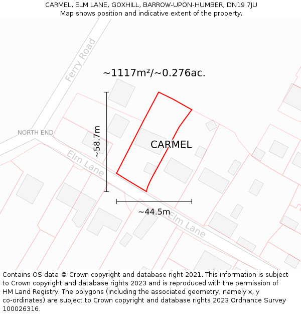 CARMEL, ELM LANE, GOXHILL, BARROW-UPON-HUMBER, DN19 7JU: Plot and title map