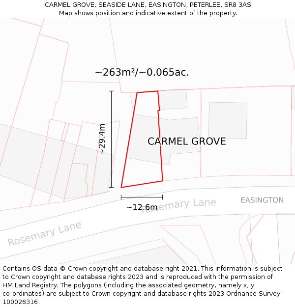 CARMEL GROVE, SEASIDE LANE, EASINGTON, PETERLEE, SR8 3AS: Plot and title map