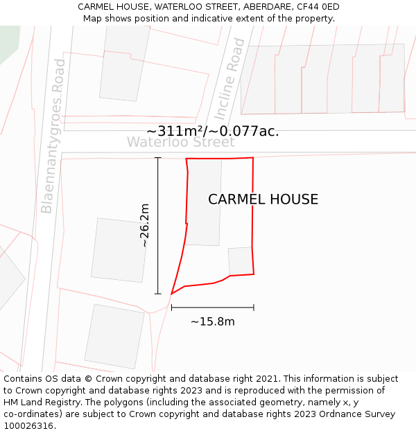 CARMEL HOUSE, WATERLOO STREET, ABERDARE, CF44 0ED: Plot and title map