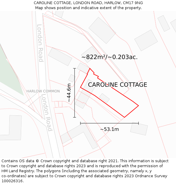 CAROLINE COTTAGE, LONDON ROAD, HARLOW, CM17 9NG: Plot and title map