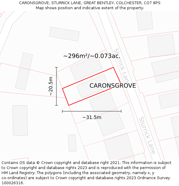 CARONSGROVE, STURRICK LANE, GREAT BENTLEY, COLCHESTER, CO7 8PS: Plot and title map