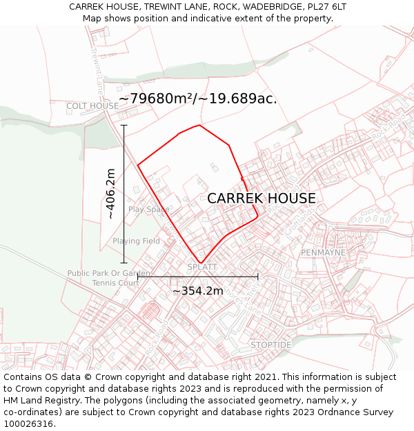 CARREK HOUSE, TREWINT LANE, ROCK, WADEBRIDGE, PL27 6LT: Plot and title map