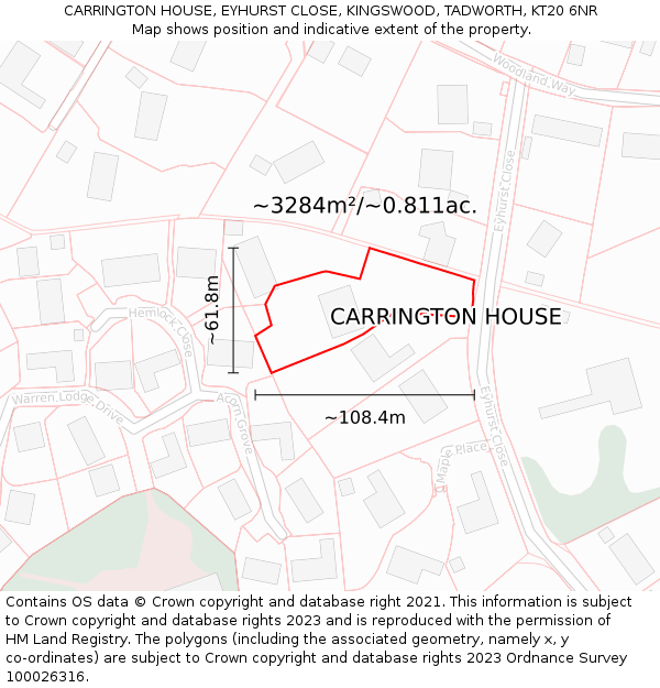 CARRINGTON HOUSE, EYHURST CLOSE, KINGSWOOD, TADWORTH, KT20 6NR: Plot and title map