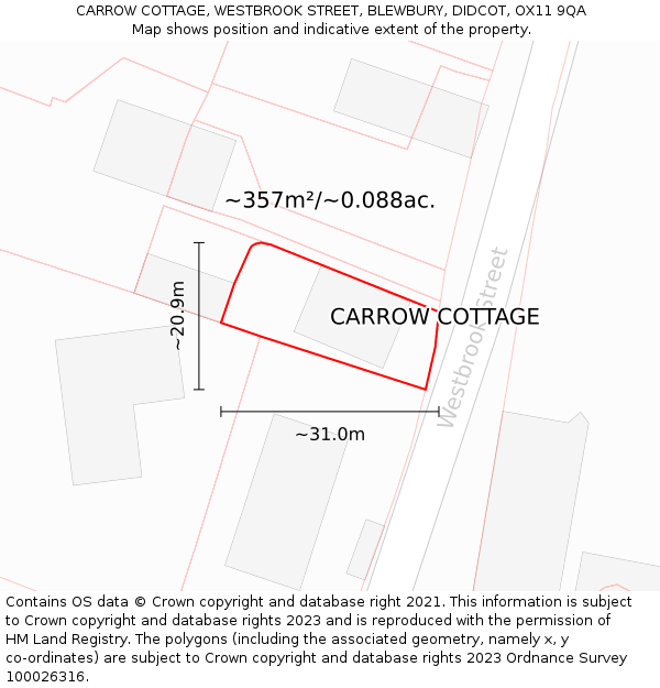 CARROW COTTAGE, WESTBROOK STREET, BLEWBURY, DIDCOT, OX11 9QA: Plot and title map