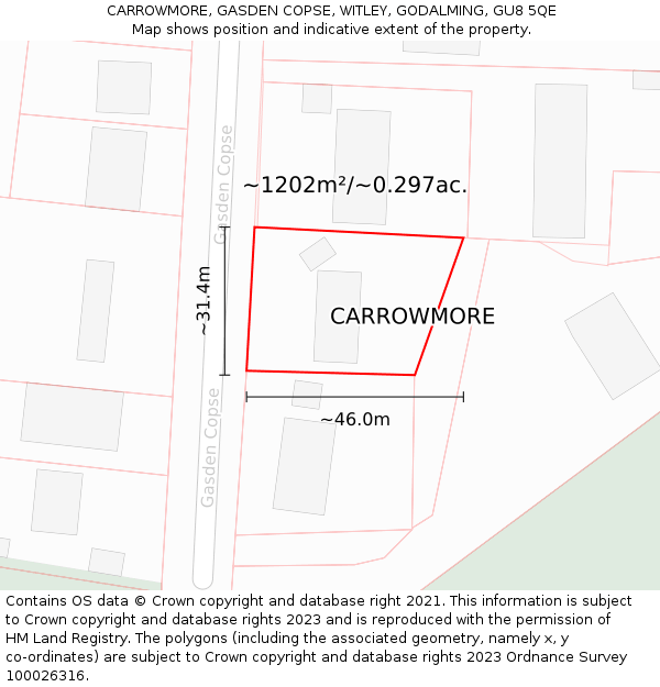 CARROWMORE, GASDEN COPSE, WITLEY, GODALMING, GU8 5QE: Plot and title map
