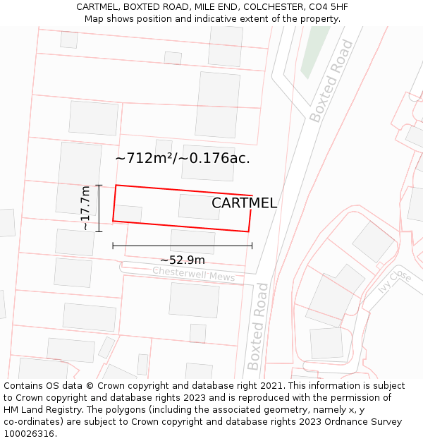 CARTMEL, BOXTED ROAD, MILE END, COLCHESTER, CO4 5HF: Plot and title map