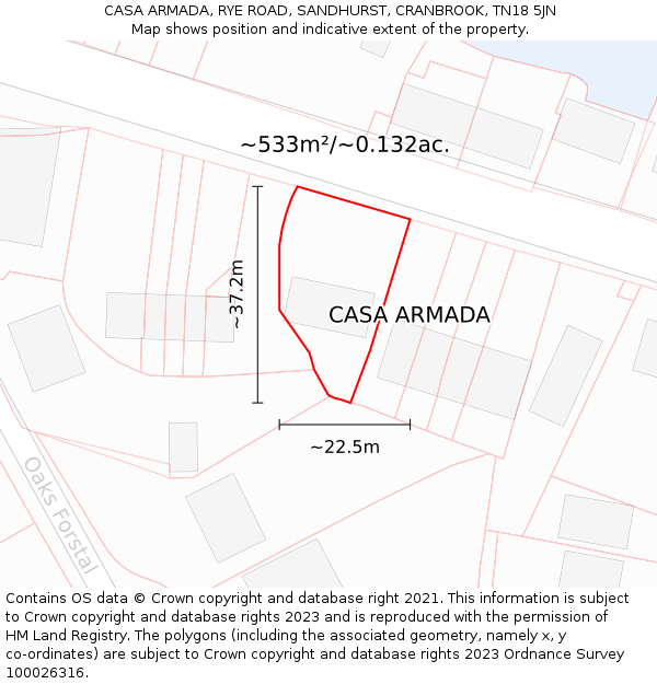 CASA ARMADA, RYE ROAD, SANDHURST, CRANBROOK, TN18 5JN: Plot and title map