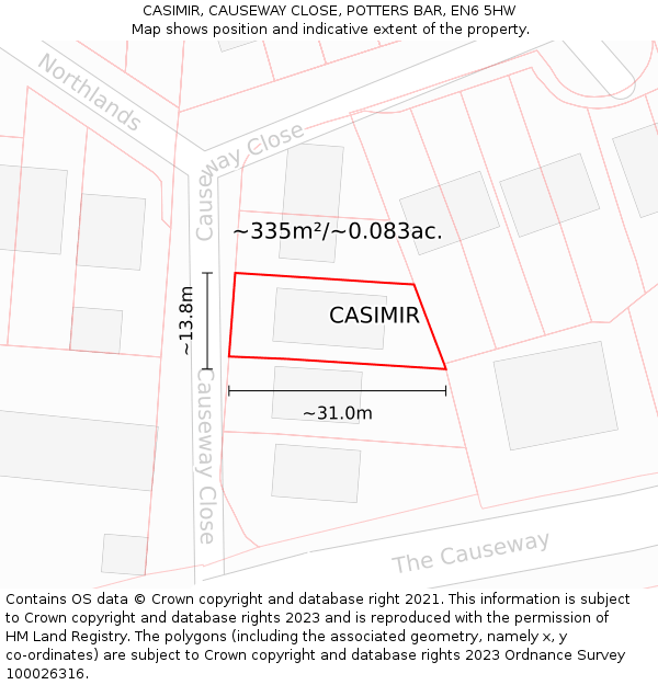 CASIMIR, CAUSEWAY CLOSE, POTTERS BAR, EN6 5HW: Plot and title map