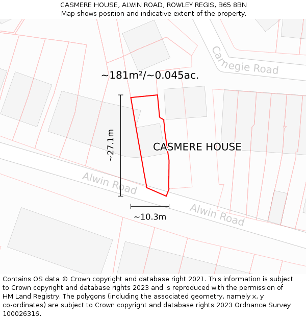 CASMERE HOUSE, ALWIN ROAD, ROWLEY REGIS, B65 8BN: Plot and title map