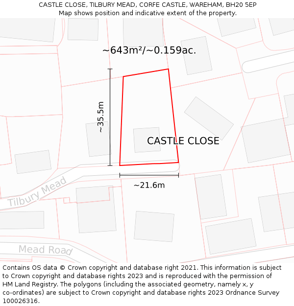 CASTLE CLOSE, TILBURY MEAD, CORFE CASTLE, WAREHAM, BH20 5EP: Plot and title map