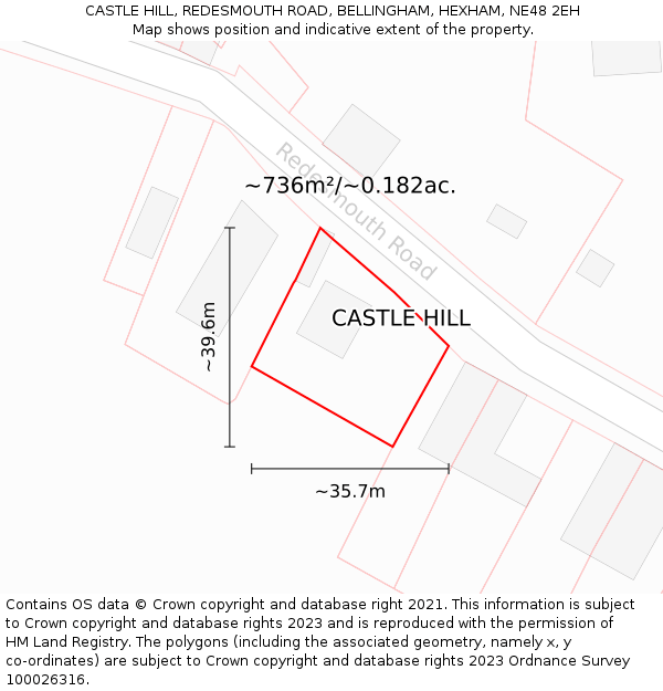 CASTLE HILL, REDESMOUTH ROAD, BELLINGHAM, HEXHAM, NE48 2EH: Plot and title map