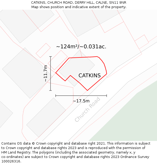 CATKINS, CHURCH ROAD, DERRY HILL, CALNE, SN11 9NR: Plot and title map