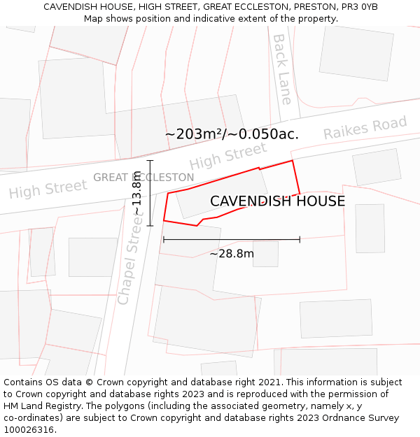 CAVENDISH HOUSE, HIGH STREET, GREAT ECCLESTON, PRESTON, PR3 0YB: Plot and title map