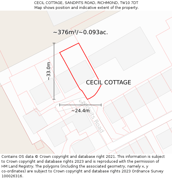 CECIL COTTAGE, SANDPITS ROAD, RICHMOND, TW10 7DT: Plot and title map