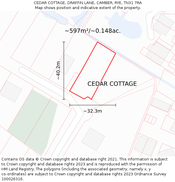 CEDAR COTTAGE, DRAFFIN LANE, CAMBER, RYE, TN31 7RA: Plot and title map