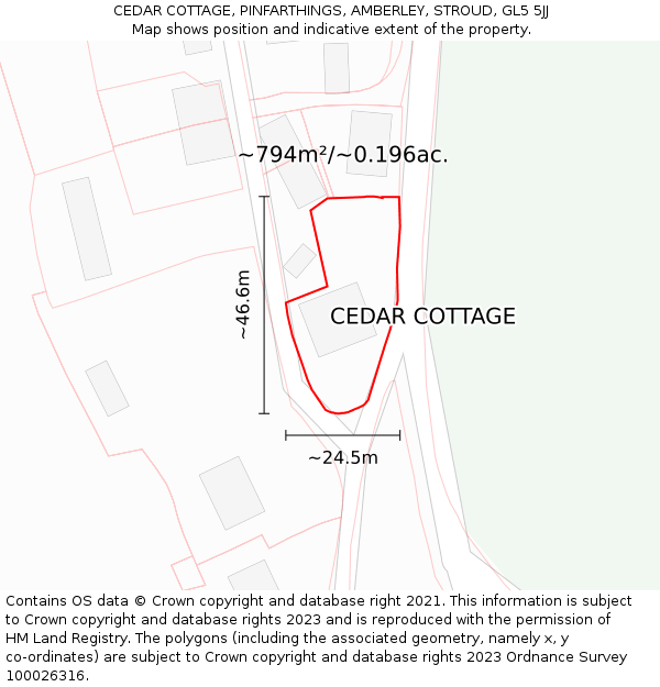 CEDAR COTTAGE, PINFARTHINGS, AMBERLEY, STROUD, GL5 5JJ: Plot and title map