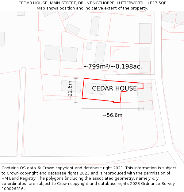 CEDAR HOUSE, MAIN STREET, BRUNTINGTHORPE, LUTTERWORTH, LE17 5QE: Plot and title map