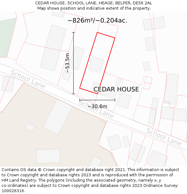 CEDAR HOUSE, SCHOOL LANE, HEAGE, BELPER, DE56 2AL: Plot and title map