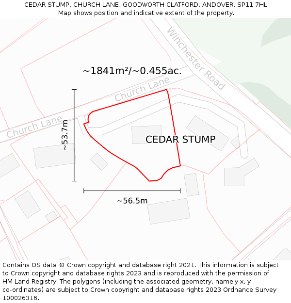 CEDAR STUMP, CHURCH LANE, GOODWORTH CLATFORD, ANDOVER, SP11 7HL: Plot and title map