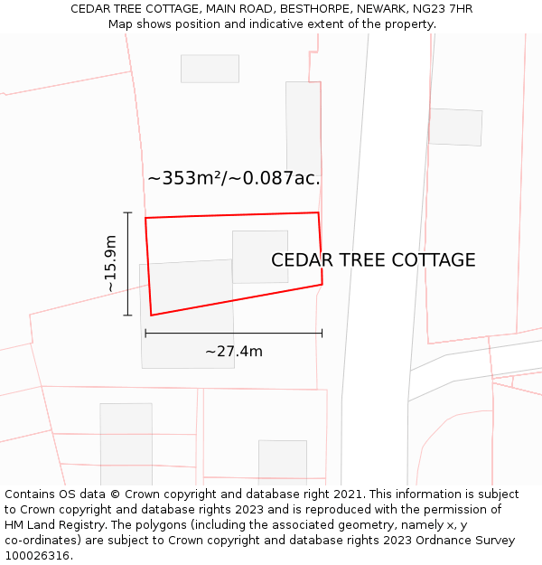 CEDAR TREE COTTAGE, MAIN ROAD, BESTHORPE, NEWARK, NG23 7HR: Plot and title map