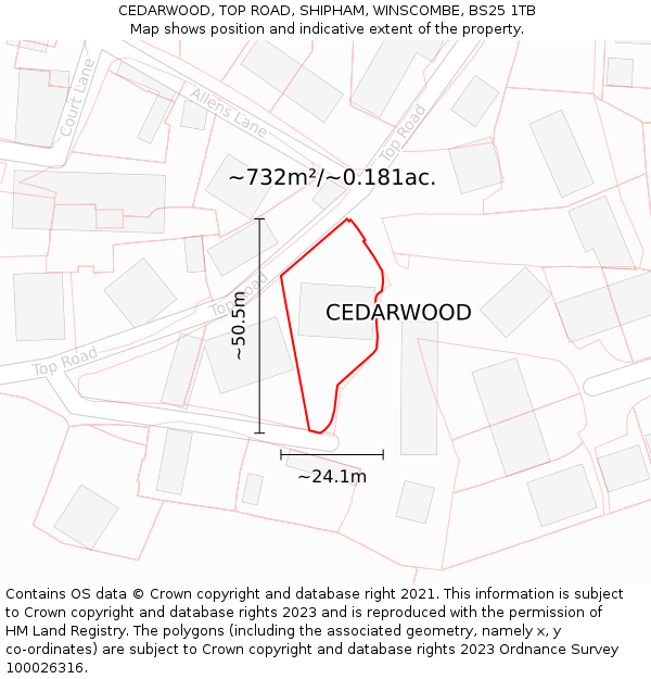 CEDARWOOD, TOP ROAD, SHIPHAM, WINSCOMBE, BS25 1TB: Plot and title map