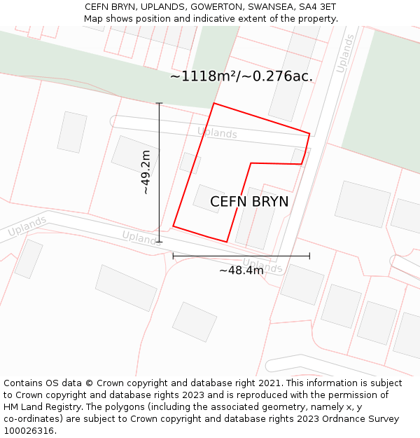 CEFN BRYN, UPLANDS, GOWERTON, SWANSEA, SA4 3ET: Plot and title map