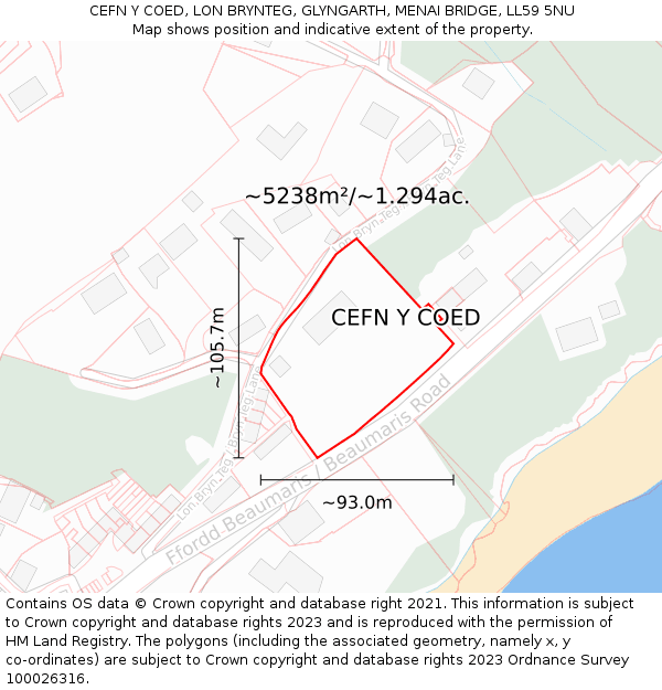 CEFN Y COED, LON BRYNTEG, GLYNGARTH, MENAI BRIDGE, LL59 5NU: Plot and title map