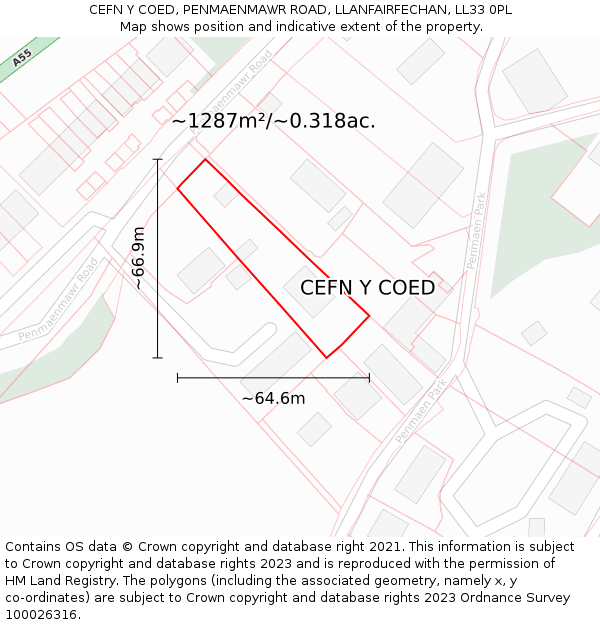 CEFN Y COED, PENMAENMAWR ROAD, LLANFAIRFECHAN, LL33 0PL: Plot and title map