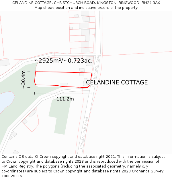 CELANDINE COTTAGE, CHRISTCHURCH ROAD, KINGSTON, RINGWOOD, BH24 3AX: Plot and title map