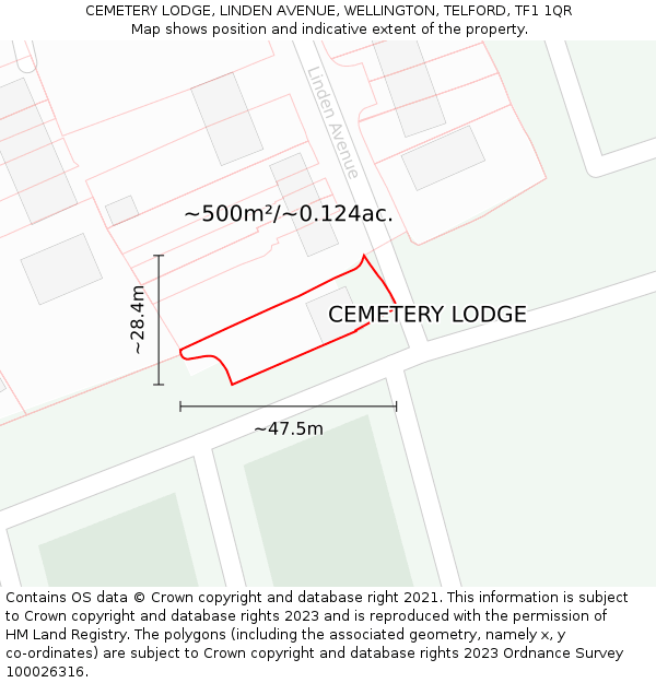 CEMETERY LODGE, LINDEN AVENUE, WELLINGTON, TELFORD, TF1 1QR: Plot and title map