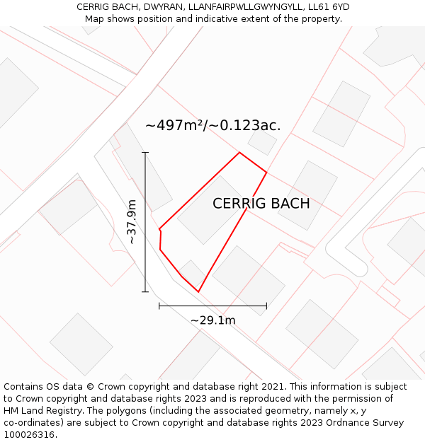 CERRIG BACH, DWYRAN, LLANFAIRPWLLGWYNGYLL, LL61 6YD: Plot and title map