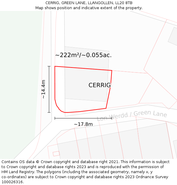 CERRIG, GREEN LANE, LLANGOLLEN, LL20 8TB: Plot and title map