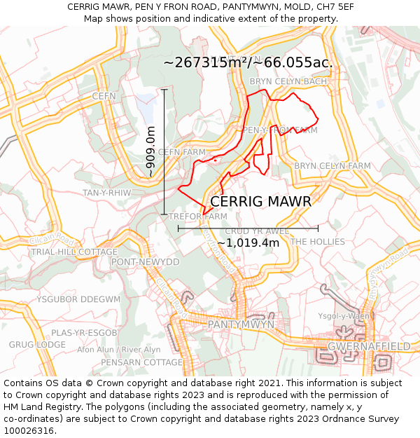 CERRIG MAWR, PEN Y FRON ROAD, PANTYMWYN, MOLD, CH7 5EF: Plot and title map