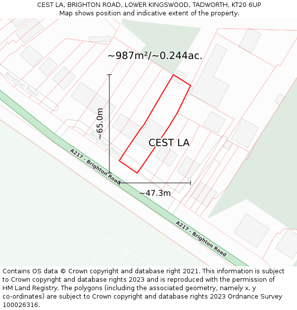 CEST LA, BRIGHTON ROAD, LOWER KINGSWOOD, TADWORTH, KT20 6UP: Plot and title map