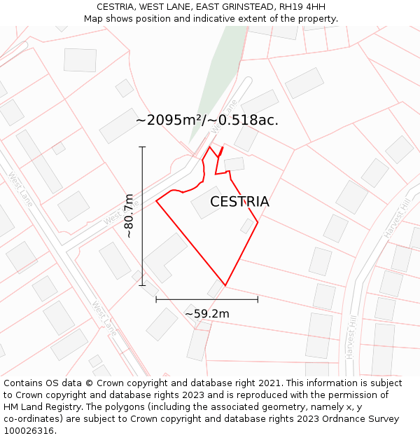 CESTRIA, WEST LANE, EAST GRINSTEAD, RH19 4HH: Plot and title map