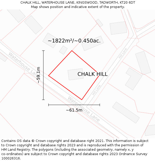 CHALK HILL, WATERHOUSE LANE, KINGSWOOD, TADWORTH, KT20 6DT: Plot and title map