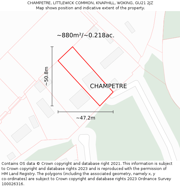 CHAMPETRE, LITTLEWICK COMMON, KNAPHILL, WOKING, GU21 2JZ: Plot and title map