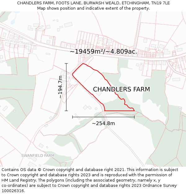 CHANDLERS FARM, FOOTS LANE, BURWASH WEALD, ETCHINGHAM, TN19 7LE: Plot and title map